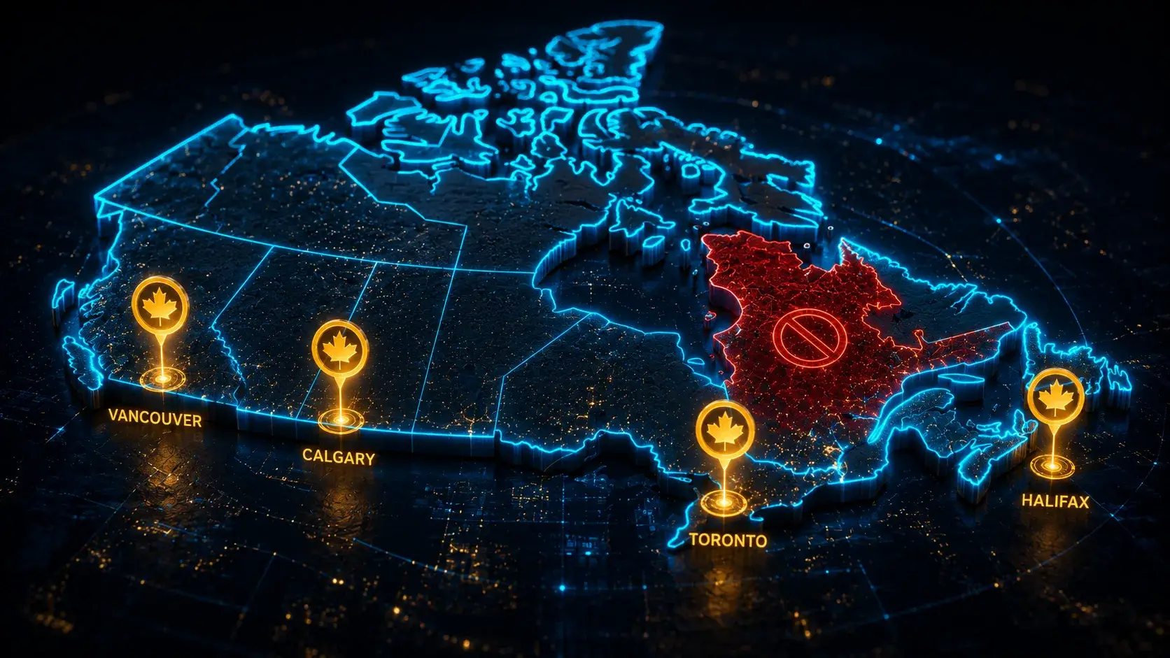 Stylized 3D map of Canada with glowing city markers and Quebec highlighted as restricted