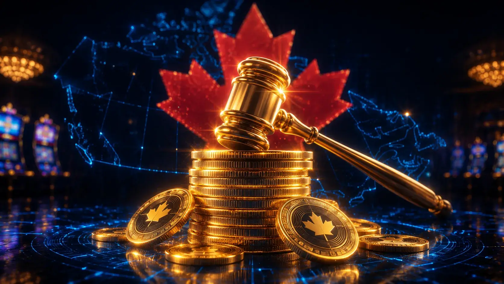 Golden gavel resting on stacked sweepstakes coins with maple leaf silhouette representing Canadian sweepstakes law