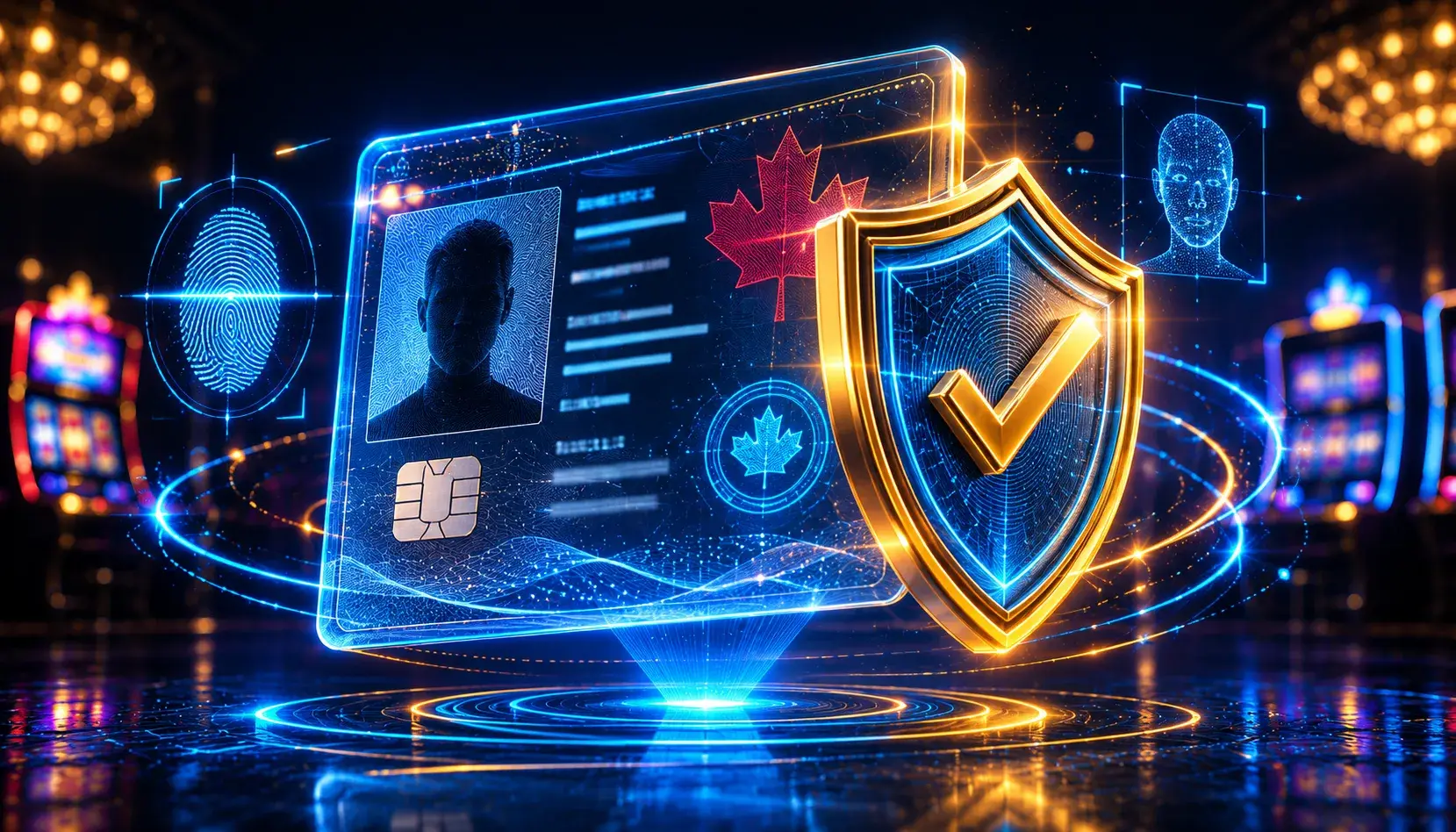 Translucent digital ID card with security shield and biometric scan lines