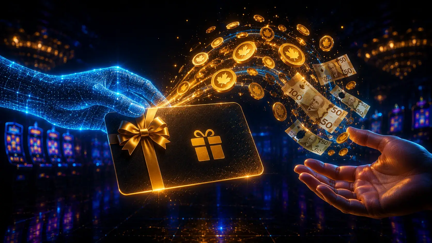 Gift card being handed over by glowing digital hand as sweepstakes coins turn into cash bills