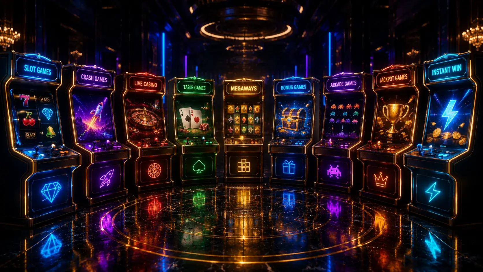 Multiple neon-lit arcade slot cabinets arranged in a semicircle representing distinct game studio signatures