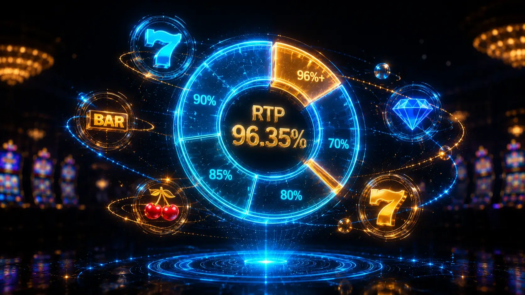 Holographic RTP pie chart with orbiting slot symbols illustrating return-to-player mathematics