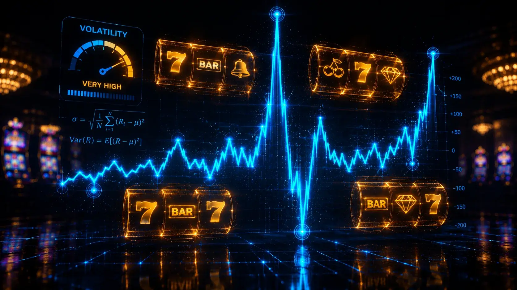 Neon volatility graph with sudden spikes overlaid on translucent slot reel icons